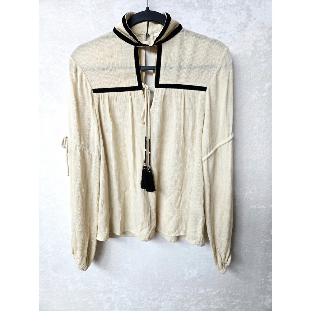 Tularosa Cream Black Velvet Trim Mock Neck Boho Blouse XS